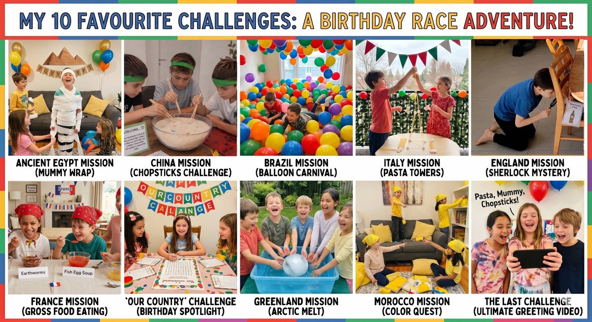 Amazing Race birthday party challenges spread across different rooms of the house