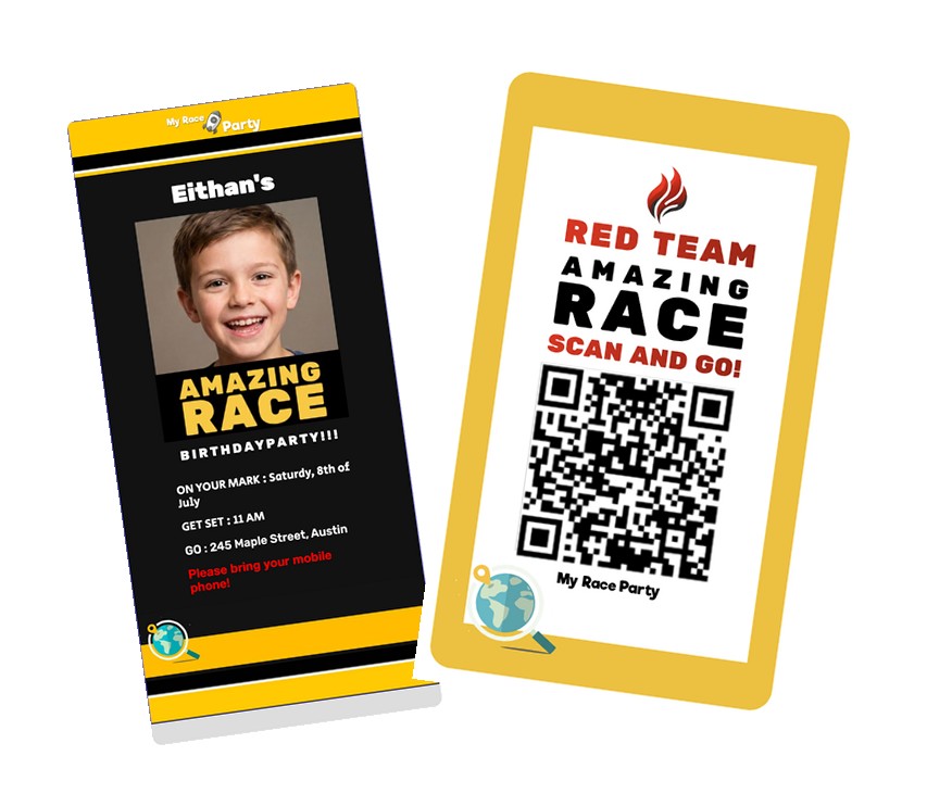 Amazing Race birthday party invitation card and team QR code entry card