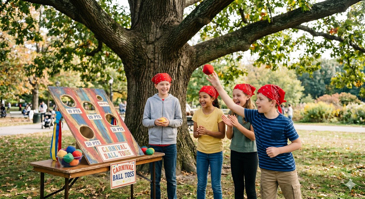 Kids playing the carnival ball toss challenge at an Amazing Race birthday party