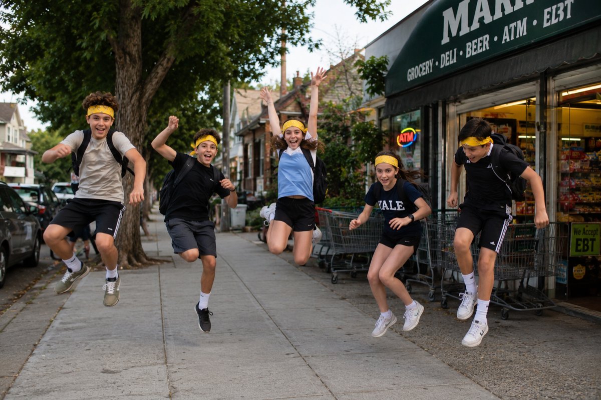 Team jumping for a mid-air group selfie outside the grocery store during an Amazing Race party