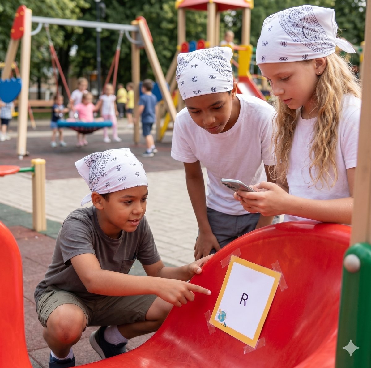 Hidden code challenge at the park playground station in an Amazing Race birthday party