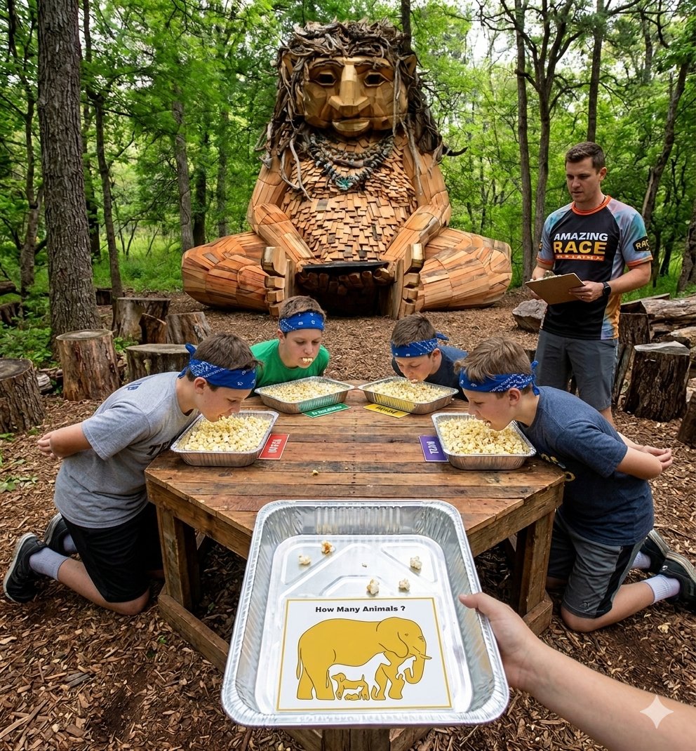 Kids completing the hands-free snack challenge at the troll statue station